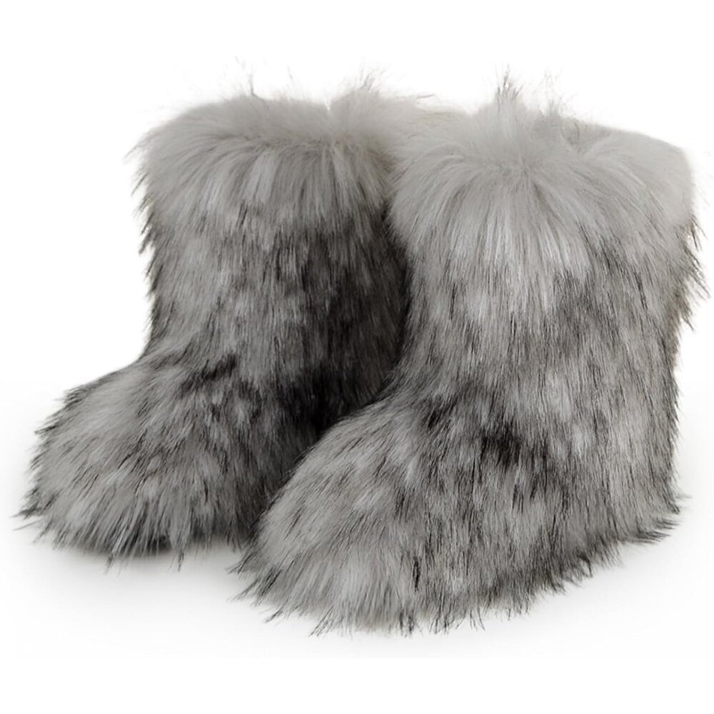 ⚡Women's Grey Faux Fur Warm Boot Furry Short Snow Boot Mid Calf Boots
